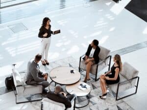High angle shot of a group of corporate businesspeople having a meeting in a modern boardroom